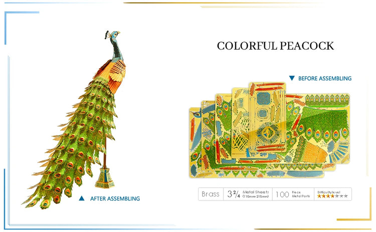Colorful Peacock 3D metal puzzle by Piececool – DIY model kit for adults