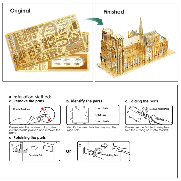 Notre Dame de Paris 3D metal puzzle by Piececool – gold DIY architectural model kit