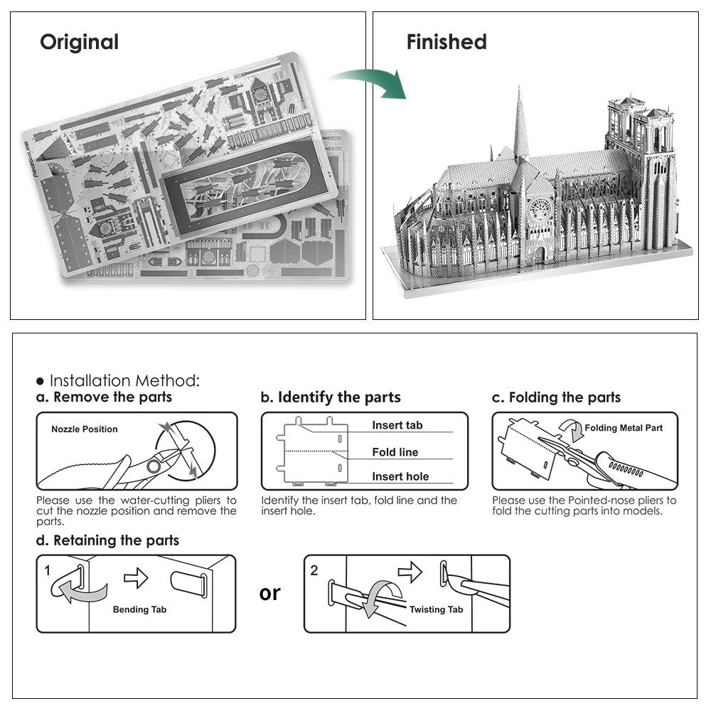 Notre Dame de Paris 3D metal puzzle by Piececool – silver DIY architectural model kit