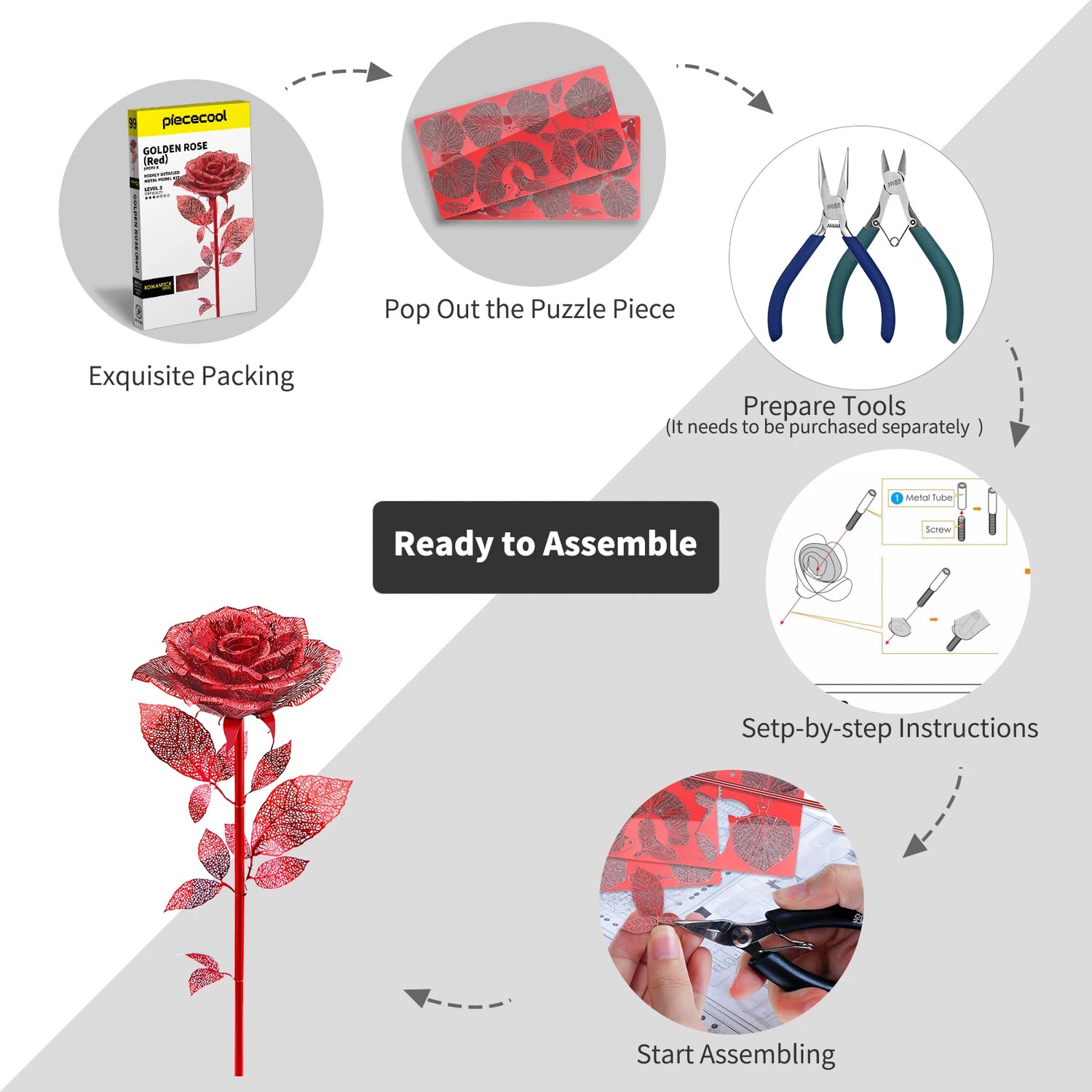 Rose 3D metal puzzle by Piececool – DIY flower model kit for adults and gift giving